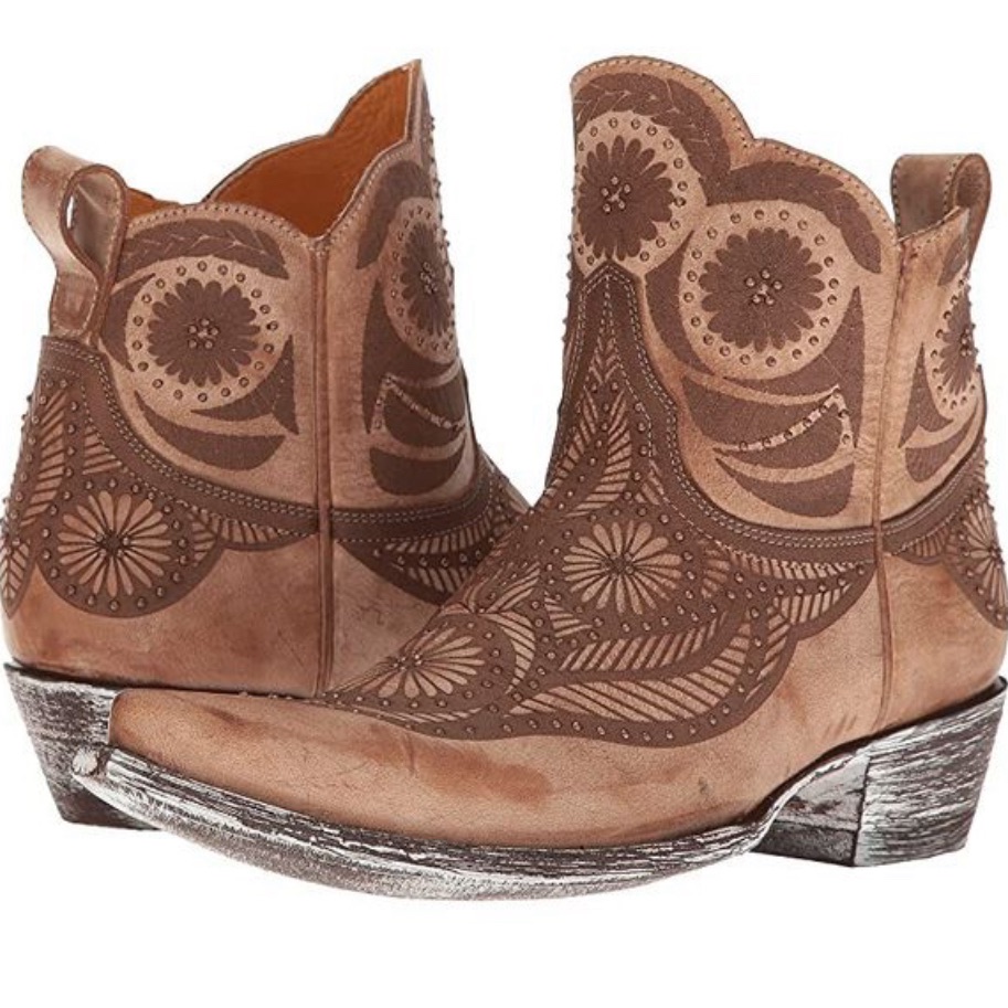 Brown Western Ankle Boots With Intricate Design